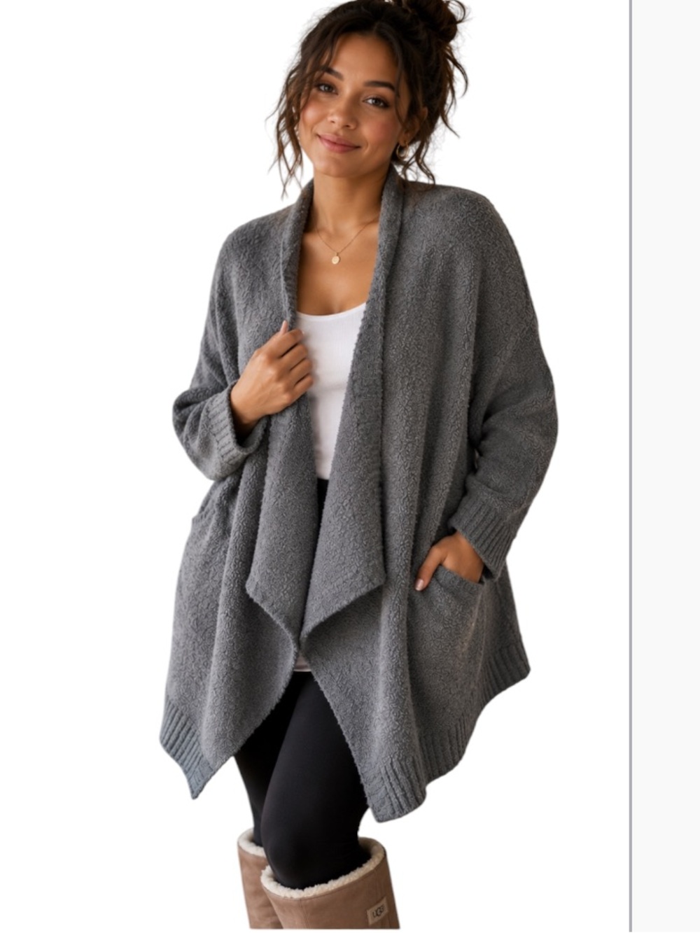 UGG Pheobe Grey Wrap Cozy Knit Cardigan Waterfall Front Cozy Fleece Small